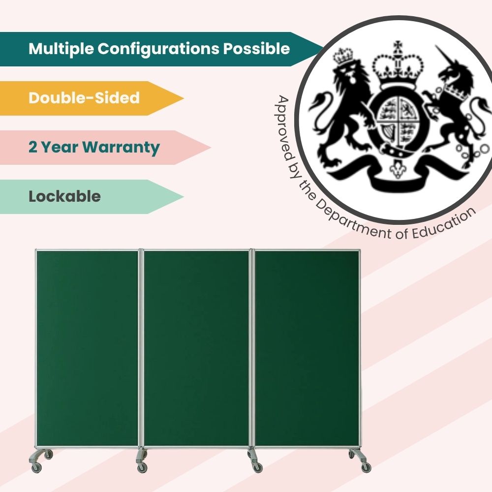Green mobile display system with secure panels and multi-angle setup, certified for UK schools.