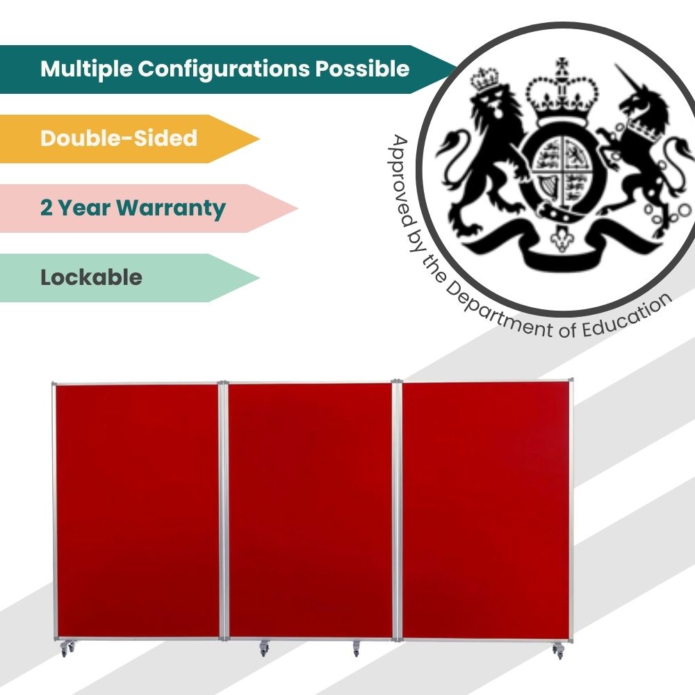 Red mobile board system with secure double-sided panels, approved for educational display setups.