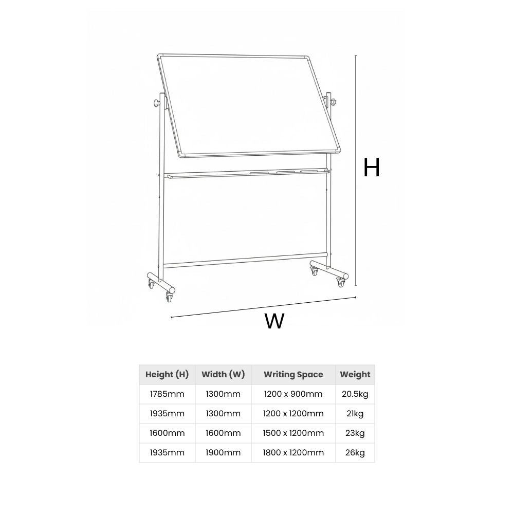 Diagram showing adjustable mobile whiteboard dimensions and writing space for flexible classroom use.