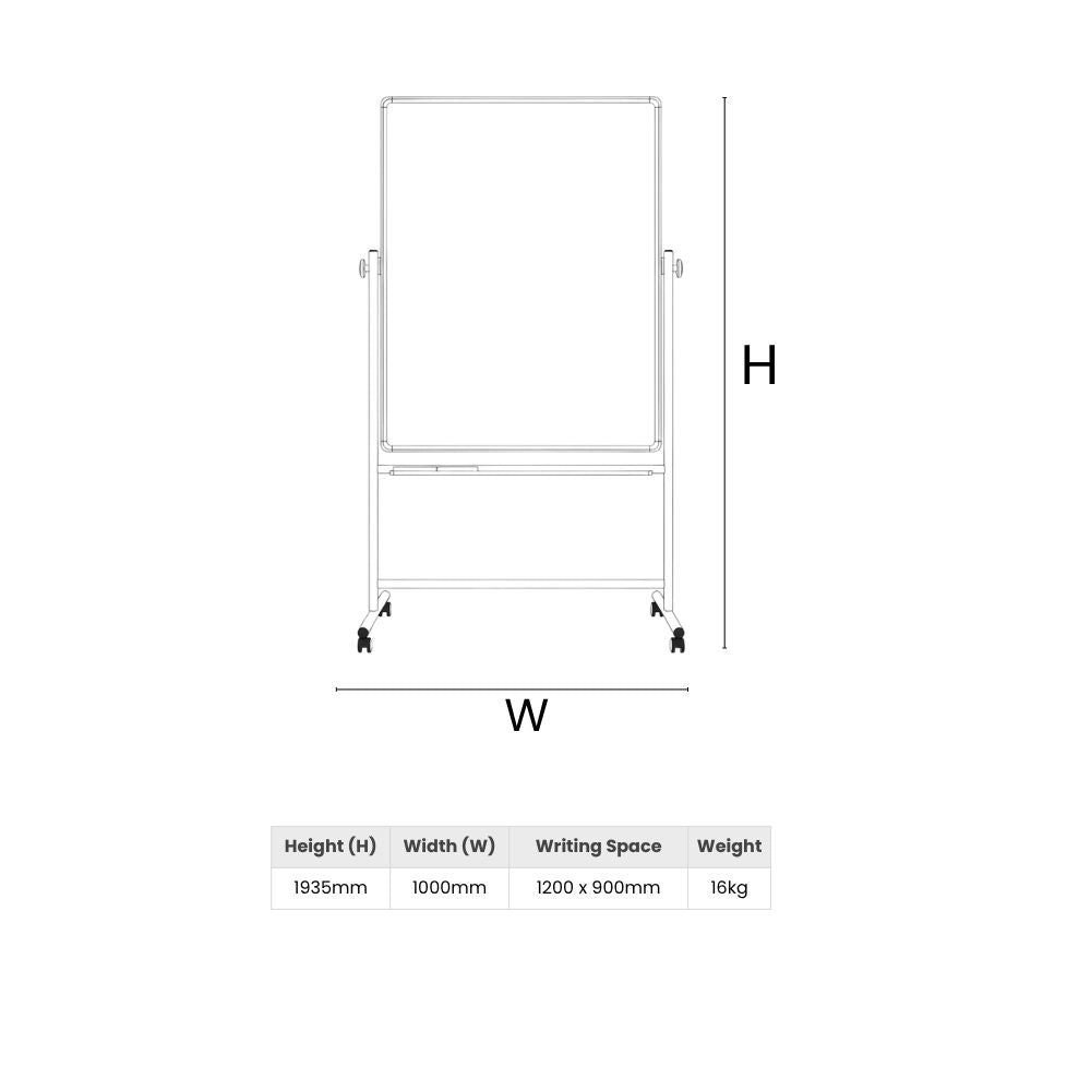 Diagram of mobile whiteboard with full dimensions and writing space, mounted on wheeled stand.
