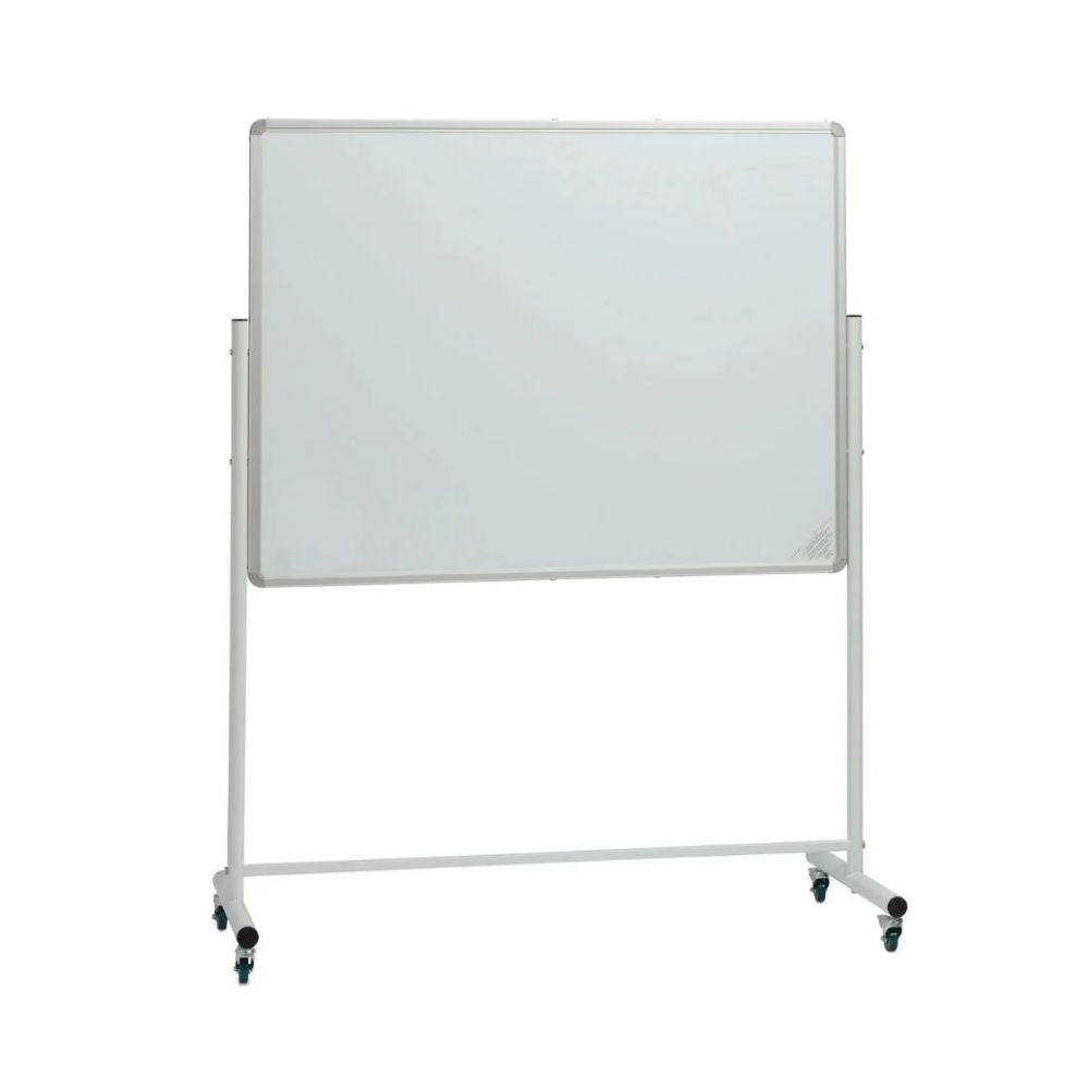 Freestanding whiteboard with metal frame and four caster wheels, designed for flexible use in educational or professional environments.