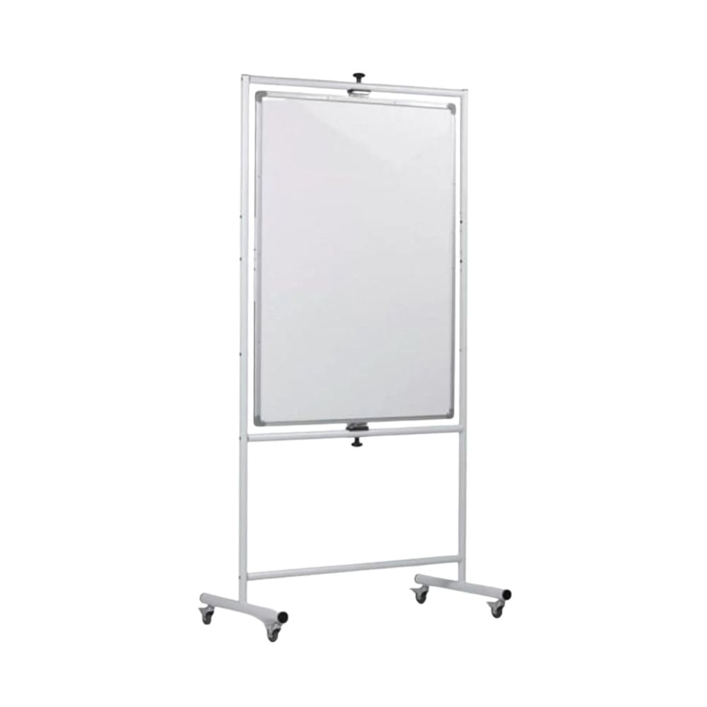 Upright mobile whiteboard with rotation knobs and wheeled base, suited for dynamic group sessions.