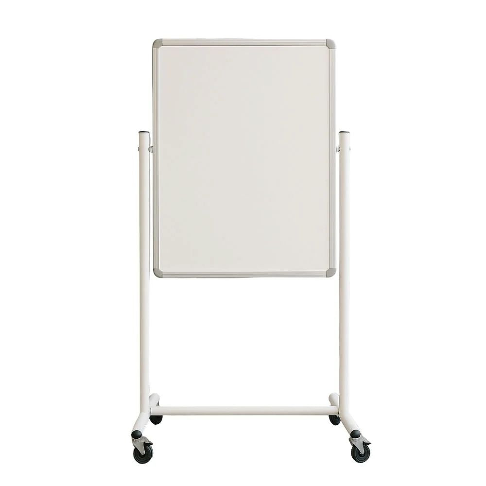 Freestanding whiteboard with metallic frame and caster wheels, designed for flexible use in classrooms, offices, or collaborative spaces.