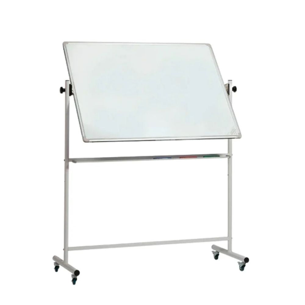 Mobile whiteboard with adjustable angle and marker tray, designed for collaborative workspaces.