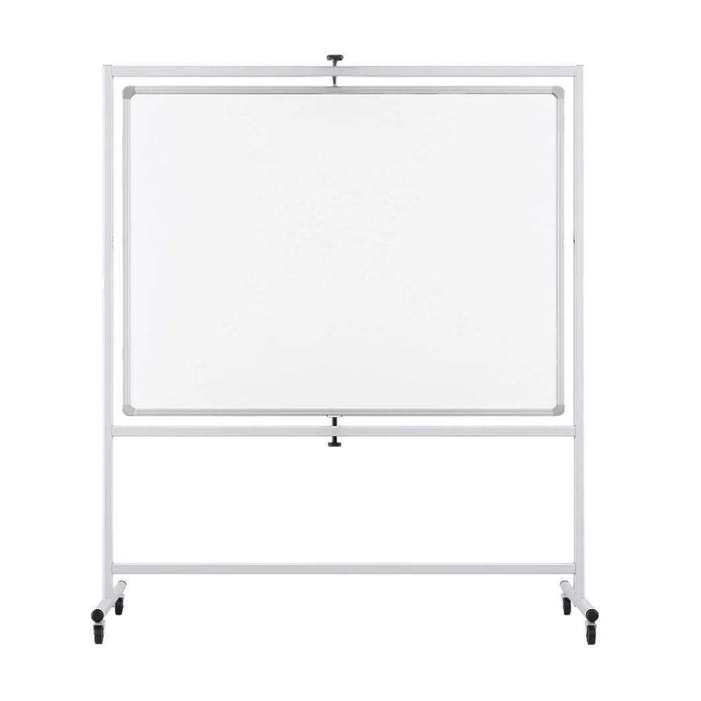 Wide mobile whiteboard with pivoting center and support bar, built for flexible presentation setups.