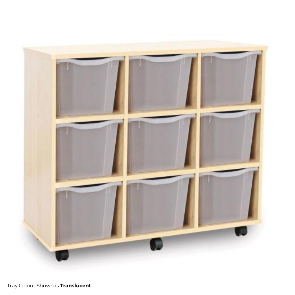 Wooden storage unit on castor wheels containing nine translucent plastic trays, arranged in three rows and three columns.