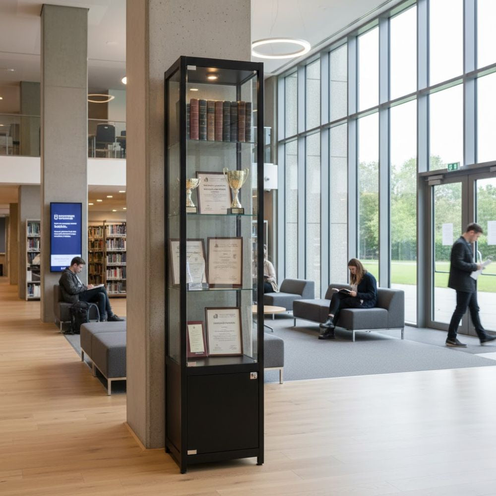 glass-display-cabinet-showcasing-awards-certificates-and-books-inside-a-modern-library-with-students-seated-nearby
