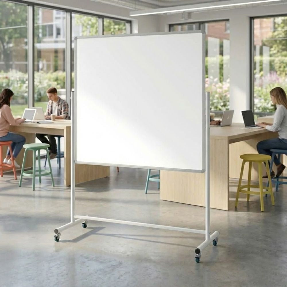 A mobile whiteboard on castors placed in a contemporary open-plan office with large windows, wooden tables, and people working on laptops.
