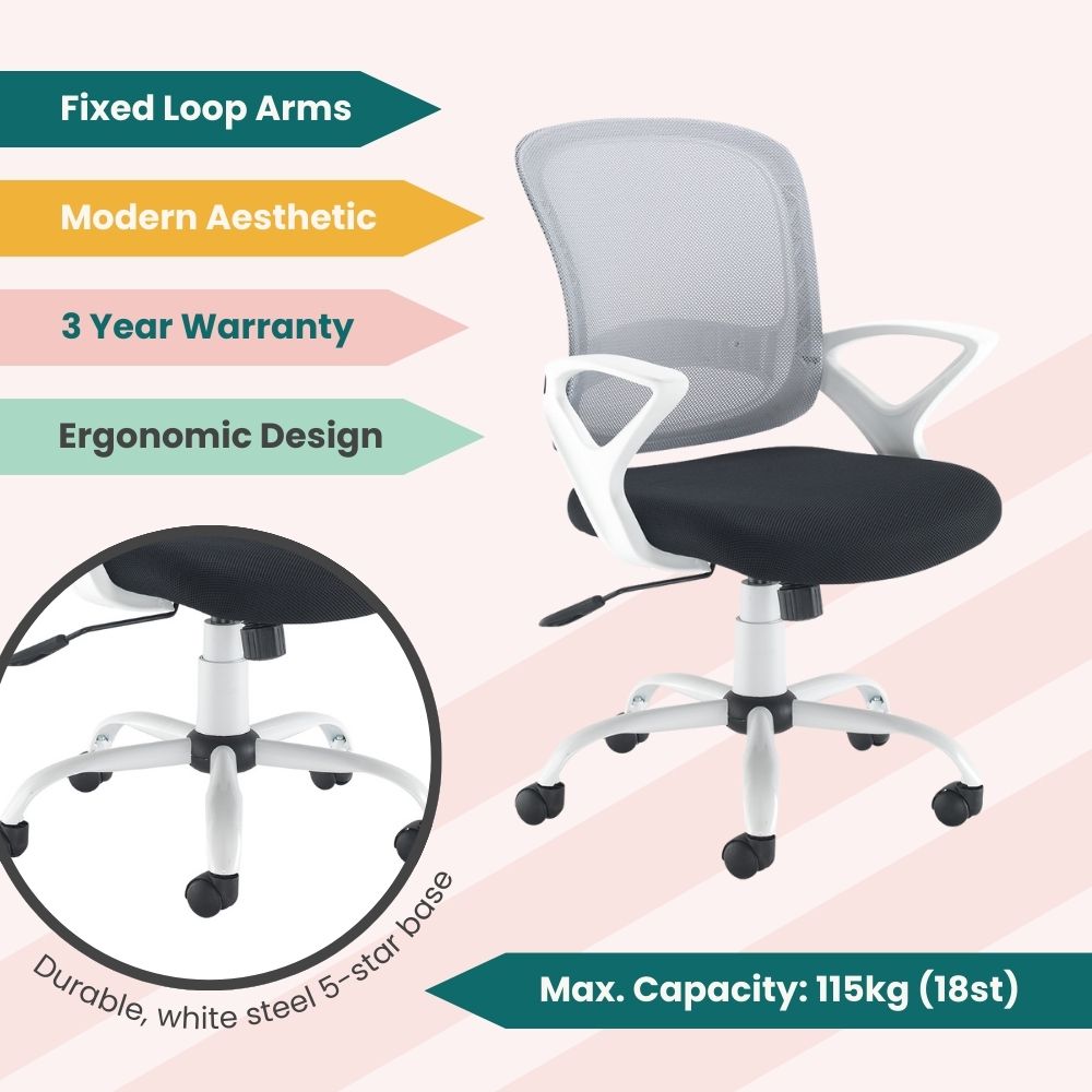 Stylish ergonomic chair with fixed loop arms, white steel five-star base, and mesh back. Designed for modern aesthetics and durability, with a 3-year warranty and 115kg weight capacity.
