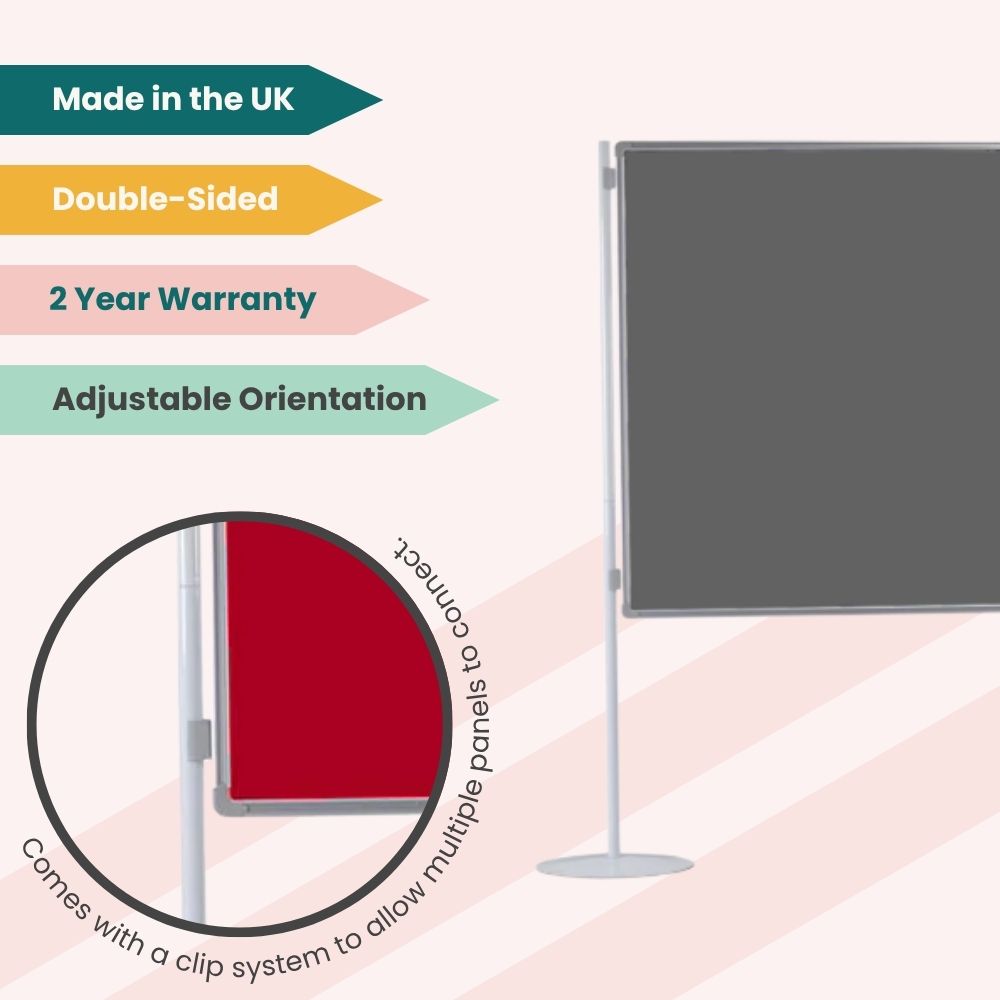 Promotional image of modular display panel with clip system and dual-sided surface for exhibitions.