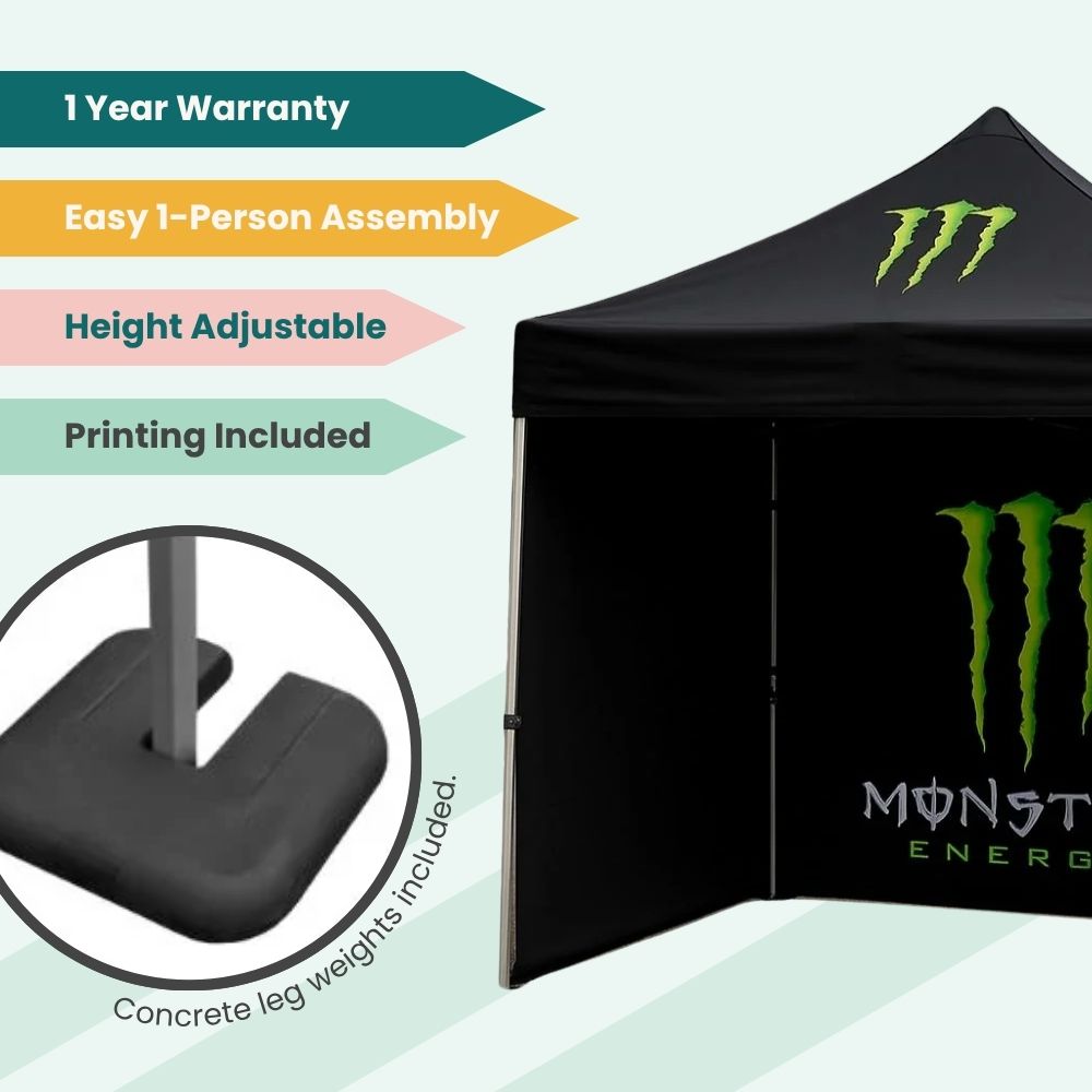 Monster Energy branded canopy tent with feature tags for easy assembly, adjustable height, and included concrete leg weights for outdoor stability.