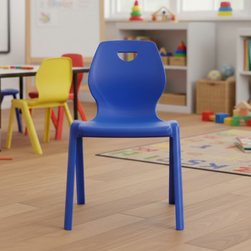 Multicoloured plastic chairs with curved backrests and top handles for nursery and early years settings.