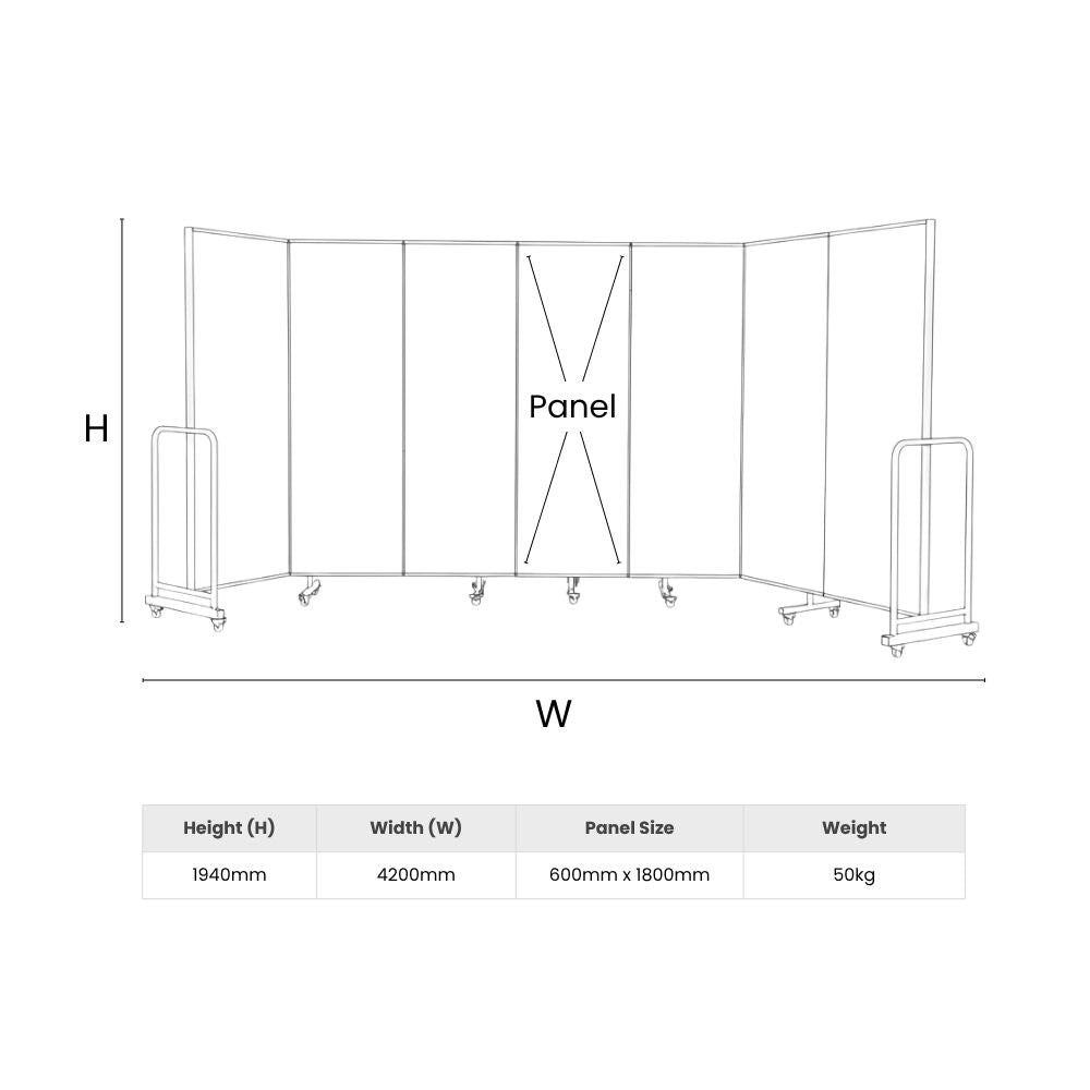 Size chart of large mobile divider with multiple panels and wheeled frame for layout planning.