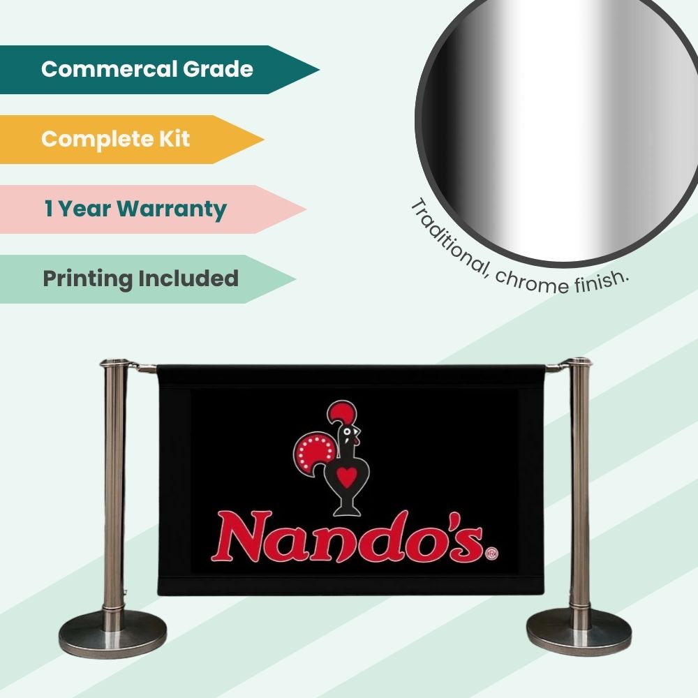 Nando’s branded barrier with chrome stanchions and printed banner, featuring stylized rooster logo and promotional product features.