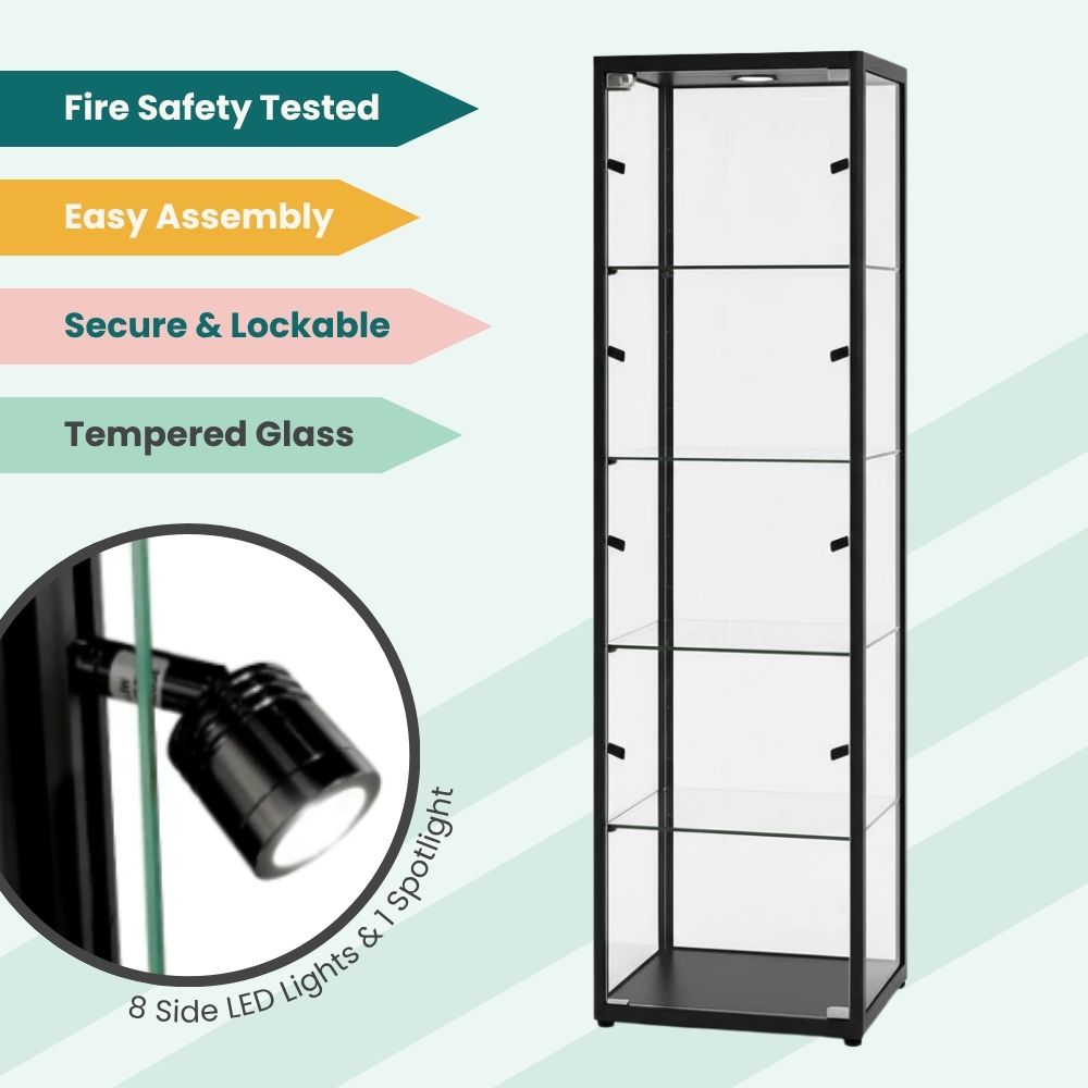 Compact black glass display case with tempered shelves, integrated LED spotlight, and lockable doors.