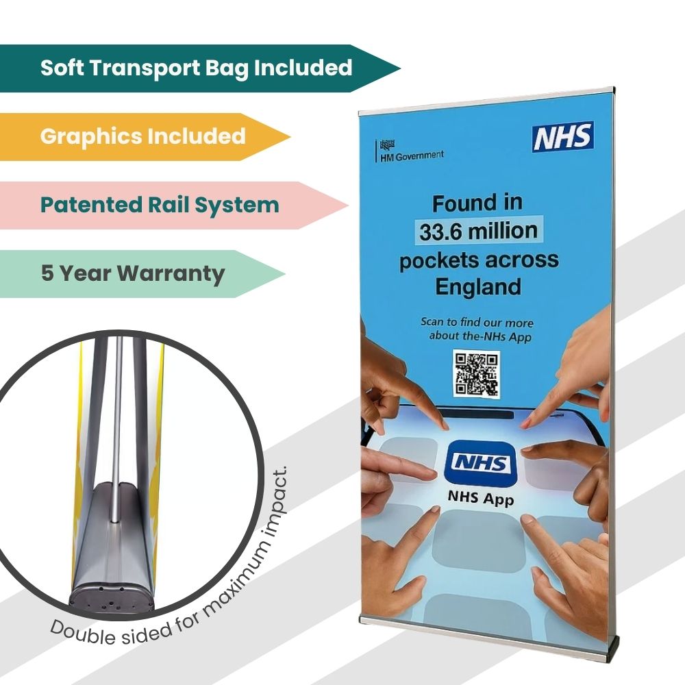 NHS App promotional banner with blue background and QR code for mobile health engagement.