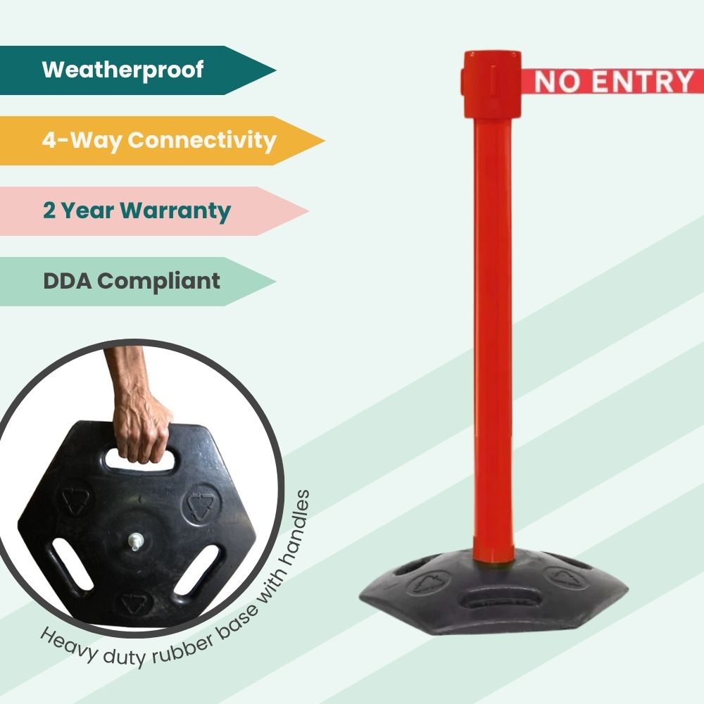 Red stanchion with “NO ENTRY” belt and rubber base, featuring belt brake and handles for portable crowd control.