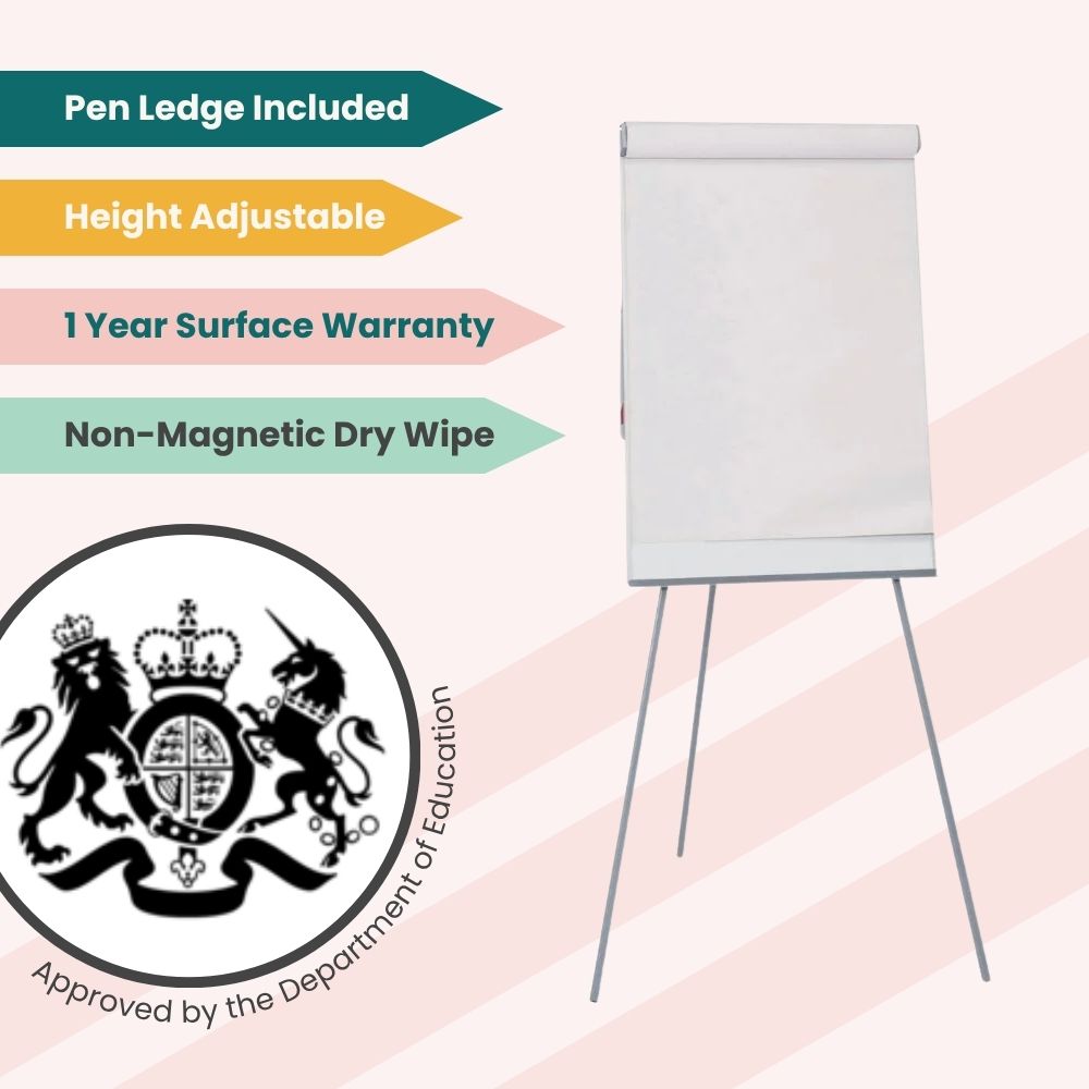 Non-magnetic flipchart easel with height-adjustable tripod legs, dry wipe surface, integrated pen ledge, and Department of Education approval badge.