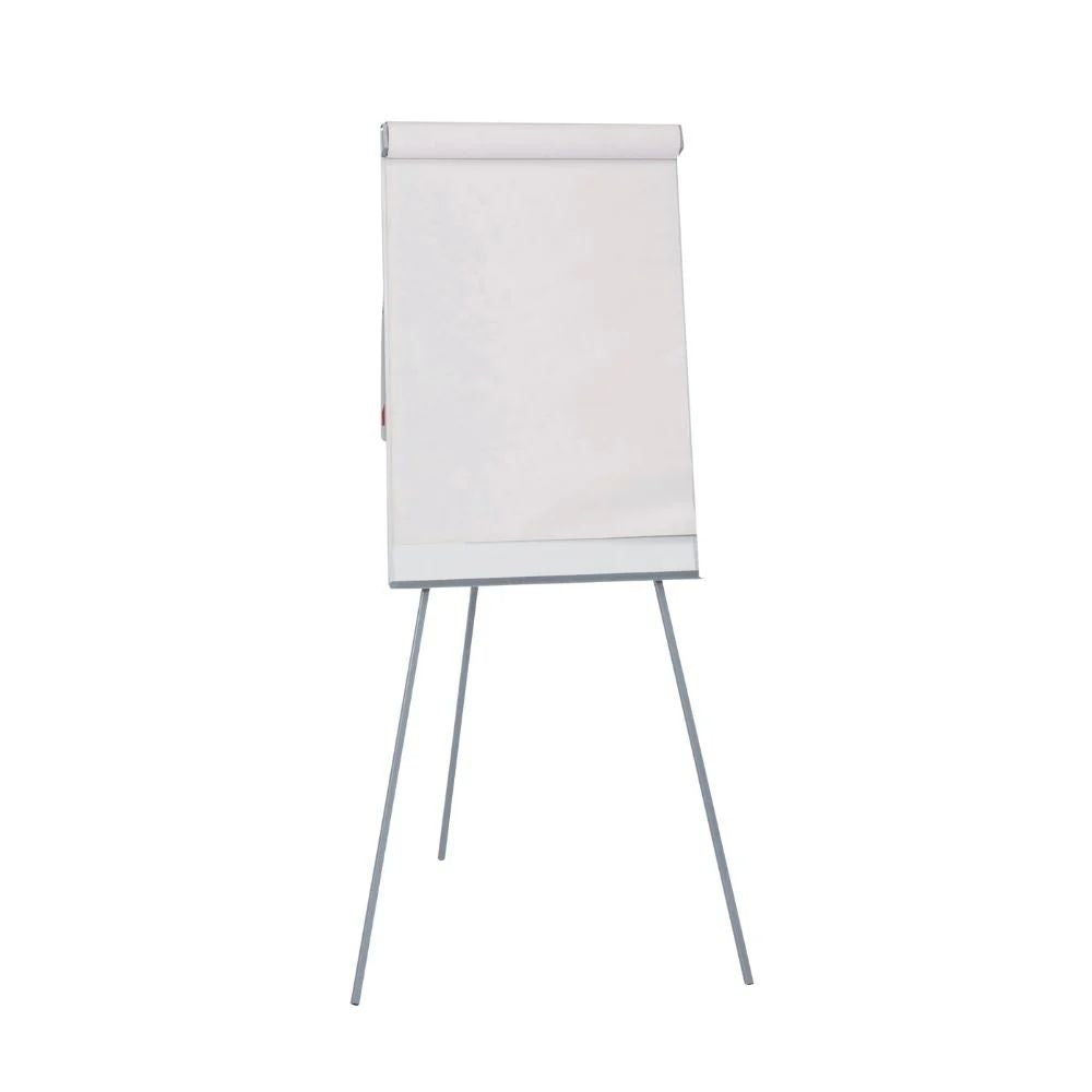 Non-magnetic flipchart easel with tripod legs, height-adjustable design, dry wipe board, and integrated pen ledge for office or classroom use.