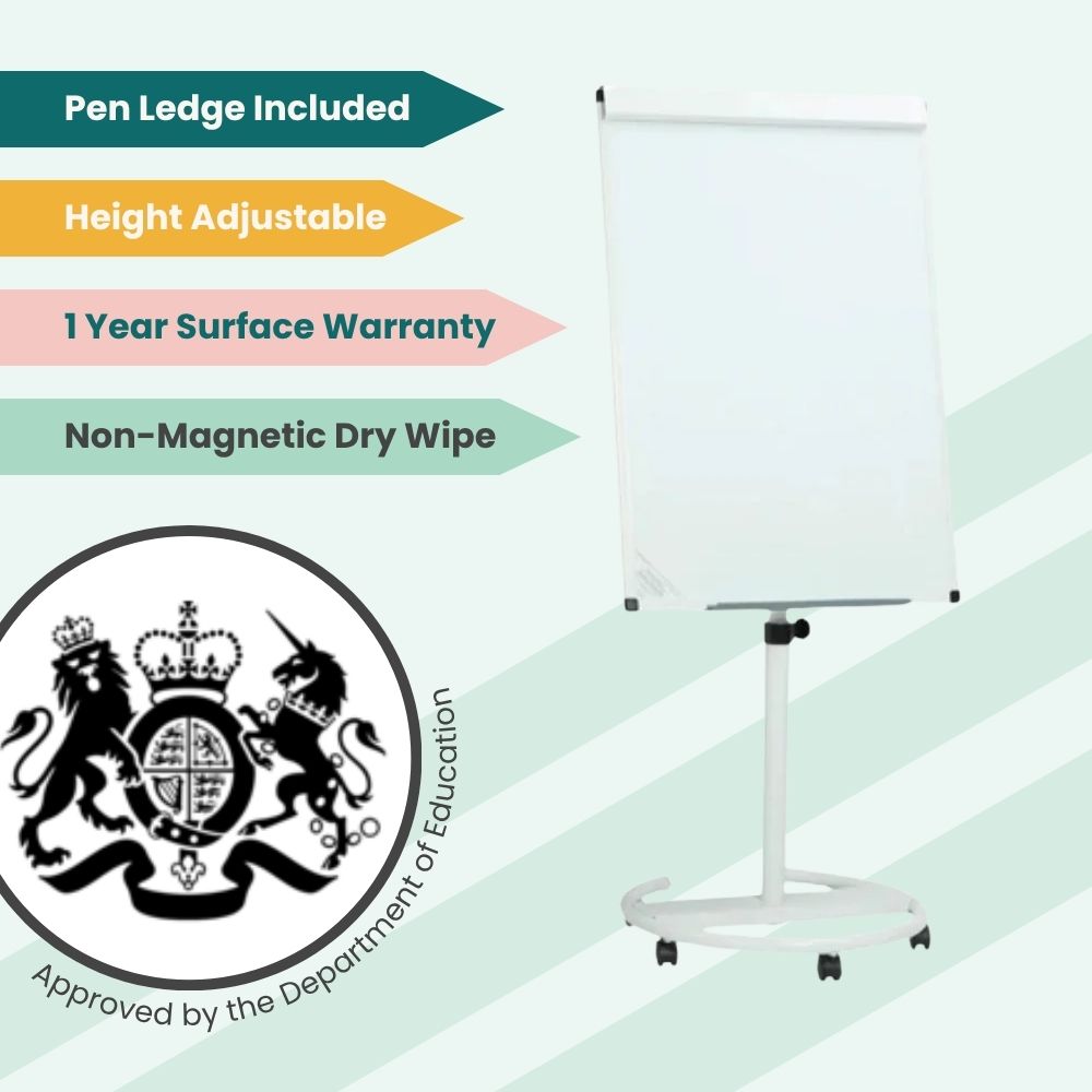 Flipchart easel with non-magnetic dry wipe board, circular base with wheels, adjustable height, and pen ledge for professional presentations.