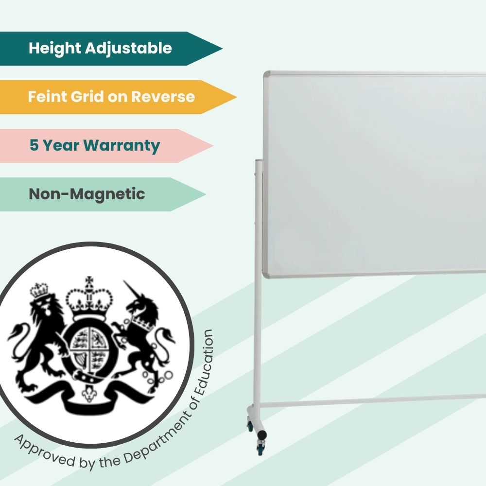 Mobile whiteboard with feature tags for height adjustment, feint grid reverse, and Department of Education approval, designed for school use.