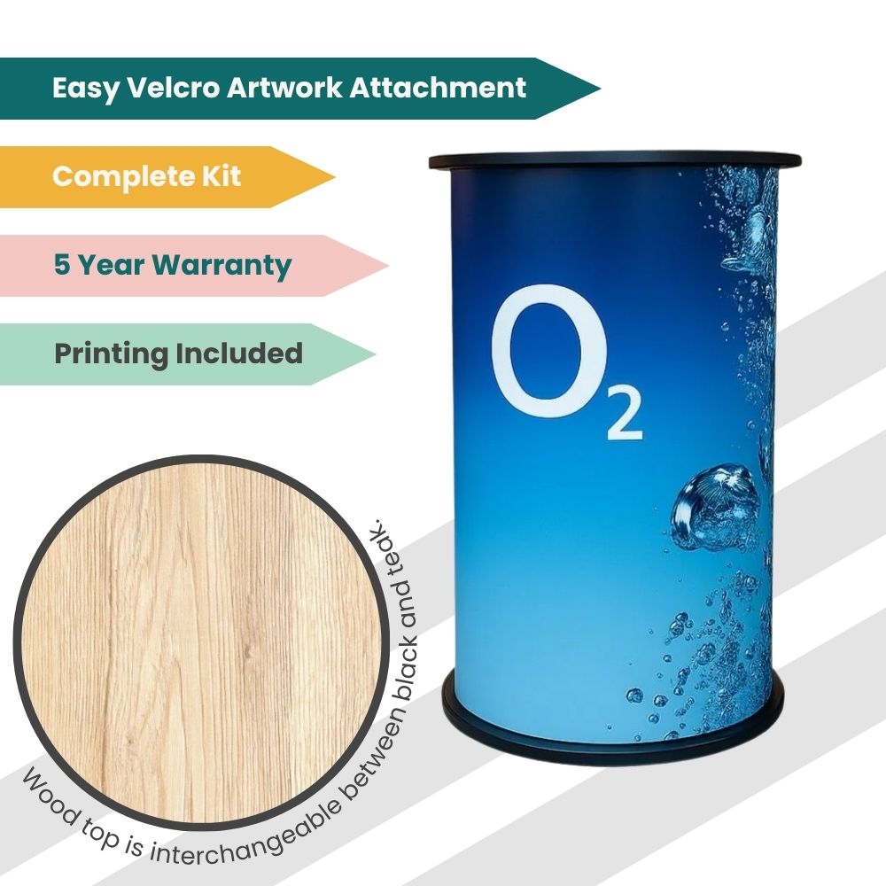 Blue O₂ display counter with water bubble design, featuring Velcro artwork attachment, interchangeable wood top, and 5-year warranty.