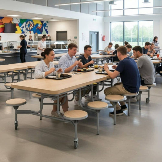 12-Seat Oak Foldable Canteen Table with Fixed Stools – 11+ Years