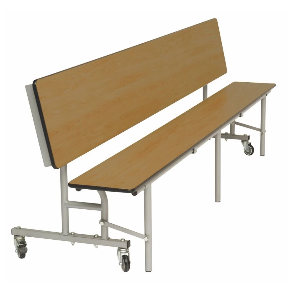 Oak effect folding 3-in-1 canteen bench unit with backrest and lockable wheels for dining halls.