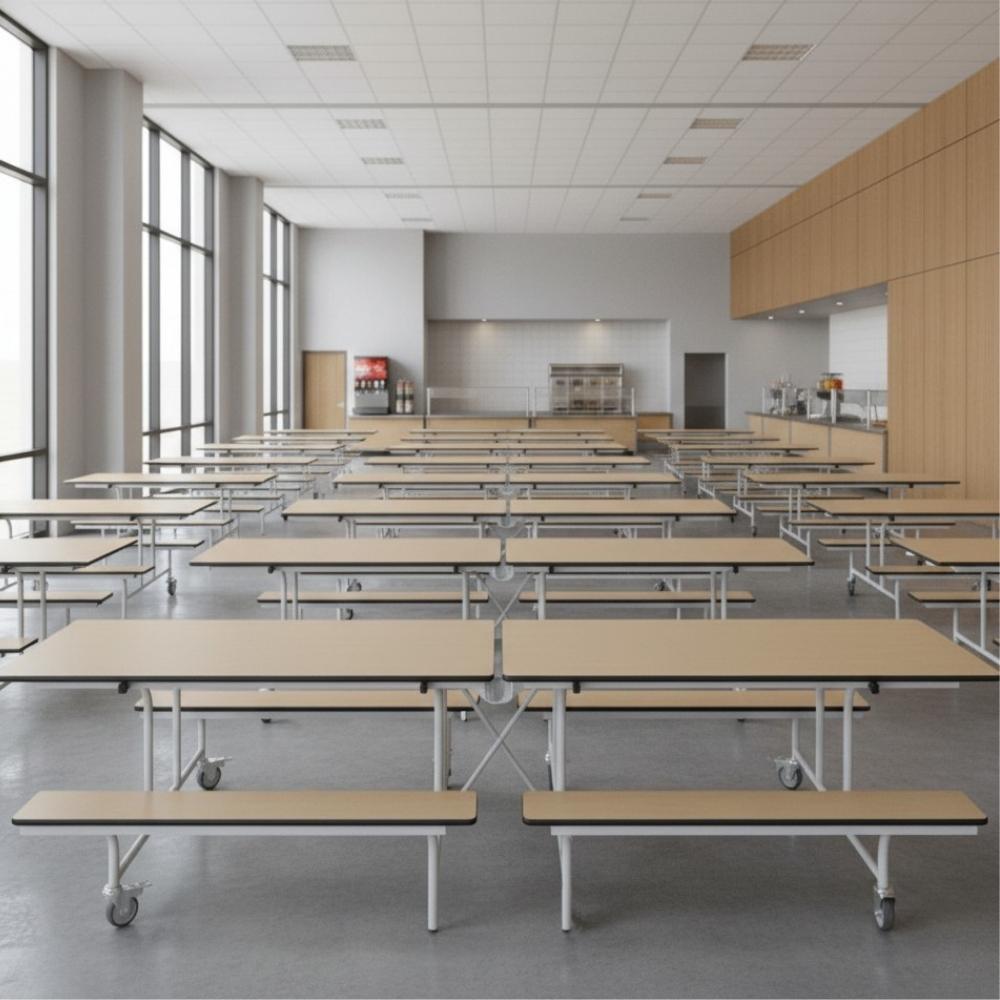 Oak-effect folding canteen tables with integrated benches on castors, neatly arranged in a bright, modern school cafeteria with tall windows and a full food servery.