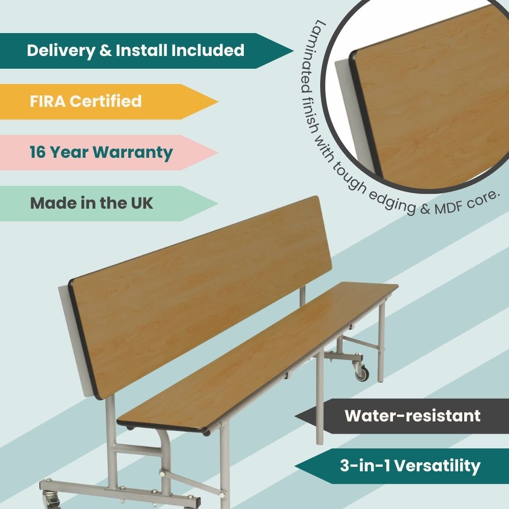 Oak effect folding 3-in-1 school dining bench unit with water-resistant laminated finish and UK made certification.
