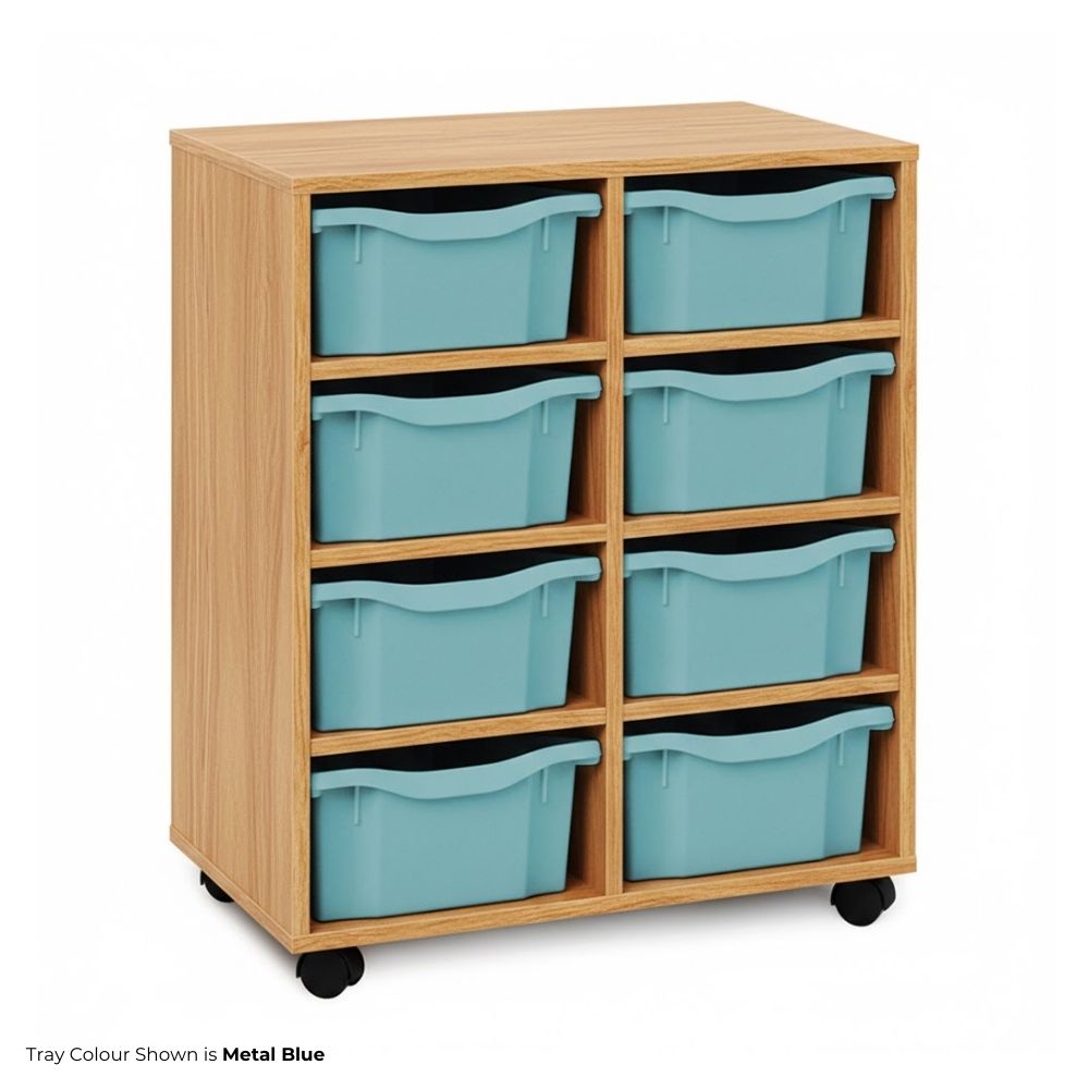 Compact oak-effect mobile storage unit featuring eight metal blue trays arranged in two columns and four rows, ideal for educational or office use.