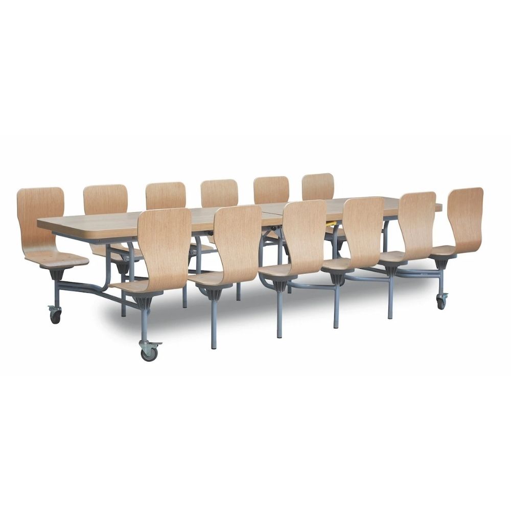 Oak finish canteen table with 12 fixed full back seats, UK made, includes delivery and install, fully assembled with 16-year warranty.