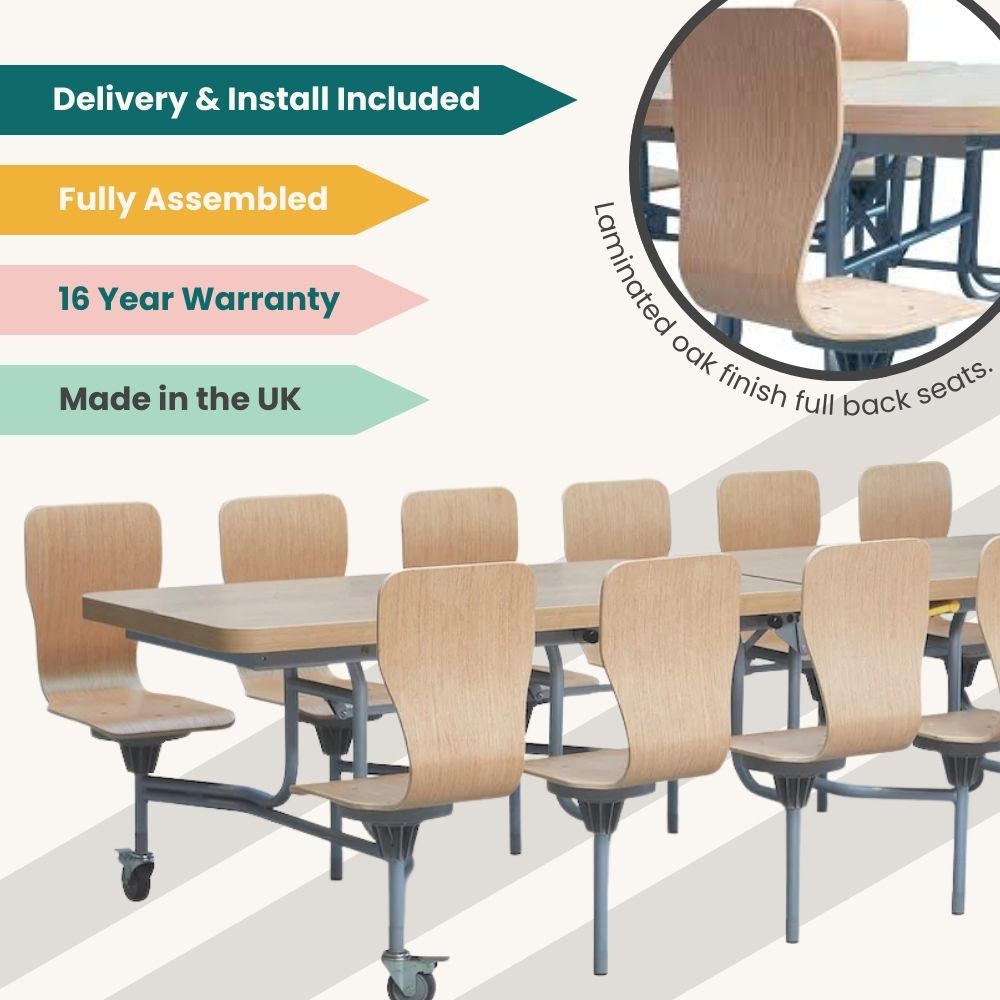 Oak finish canteen table with laminated full back seats, fully assembled, FIRA certified, made in the UK with 16-year warranty.