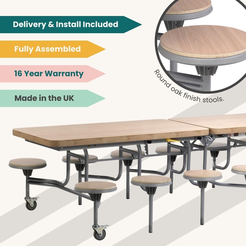 Oak finish folding cafeteria table with round stools and grey frame on wheels, fully assembled with delivery included, 16-year warranty, and made in the UK