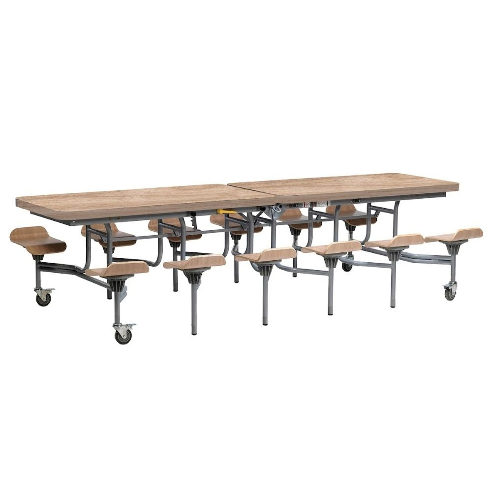 Oak finish folding cafeteria table with lipped seats and grey metal frame on wheels, durable and practical for school and workplace canteens