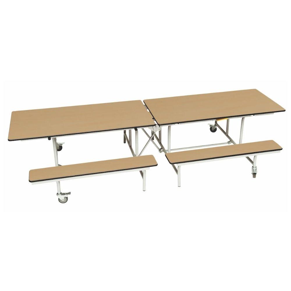 Folding canteen bench unit in laminated oak finish with integrated bench seating and water-resistant MDF core.