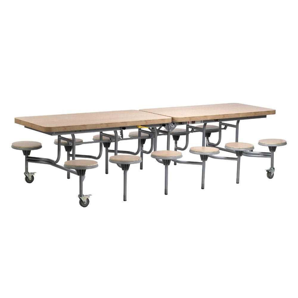Light oak wood folding cafeteria table with attached round oak stools on wheels for school dining and canteen use. Suitable for ages 11+ years.
