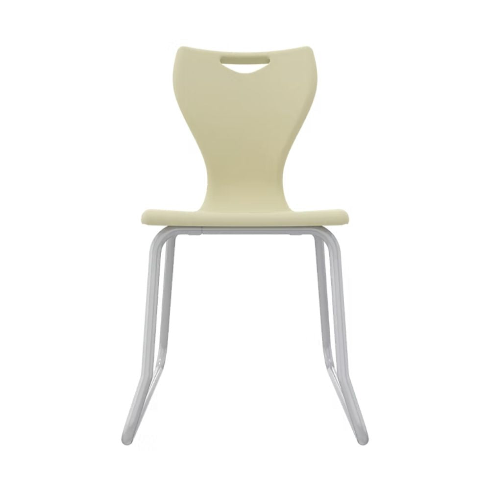 An oatmeal beige secondary school chair featuring an architectural steel skid frame and a high-back polypropylene seat for mature student comfort.