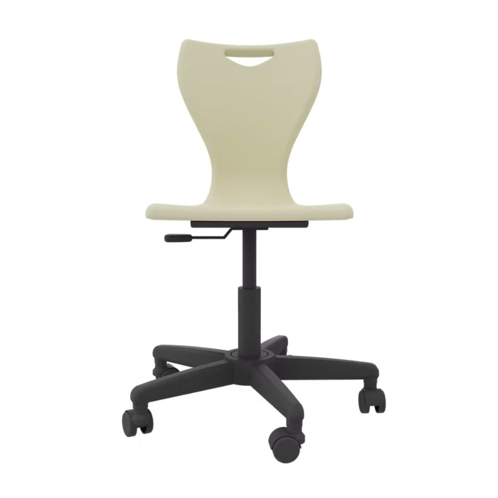 An oatmeal beige student swivel chair featuring a pneumatic gas lift for seat height adjustment and a stable five-point star base with castors for easy mobility.
