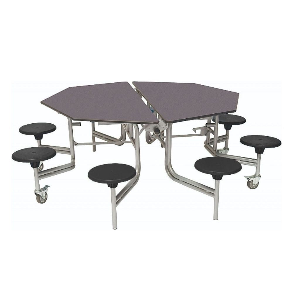 Octagonal folding table with eight blue stools, split design for compact storage, and wheeled metal base.