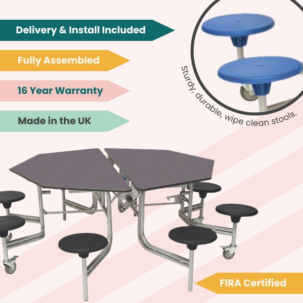 Promotional graphic of octagonal folding table with eight black stools and tags for UK manufacture, 16-year warranty, FIRA certification, full assembly, and delivery included.