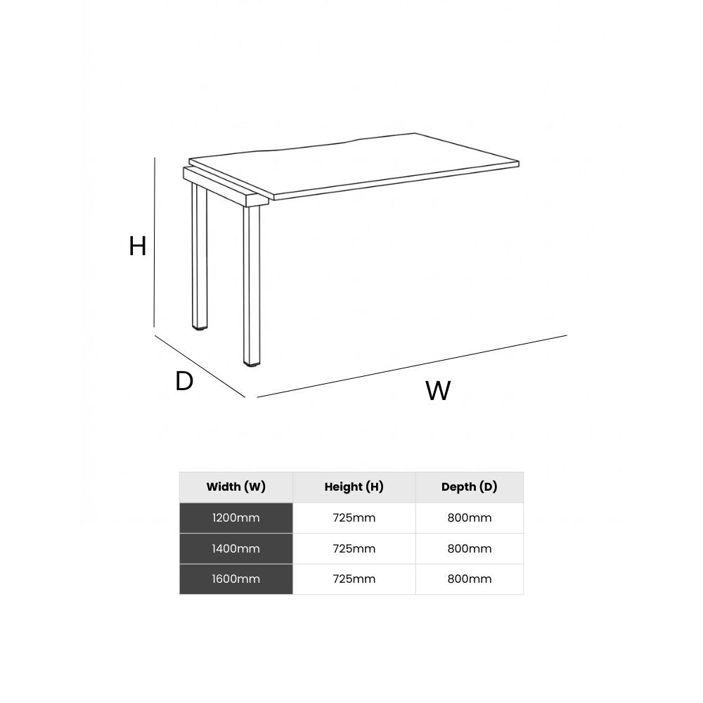 Line drawing of an office desk add-on unit showing height, width, and depth measurements, with a size chart listing widths of 1200mm, 1400mm, and 1600mm, all measuring 725mm high and 800mm deep.