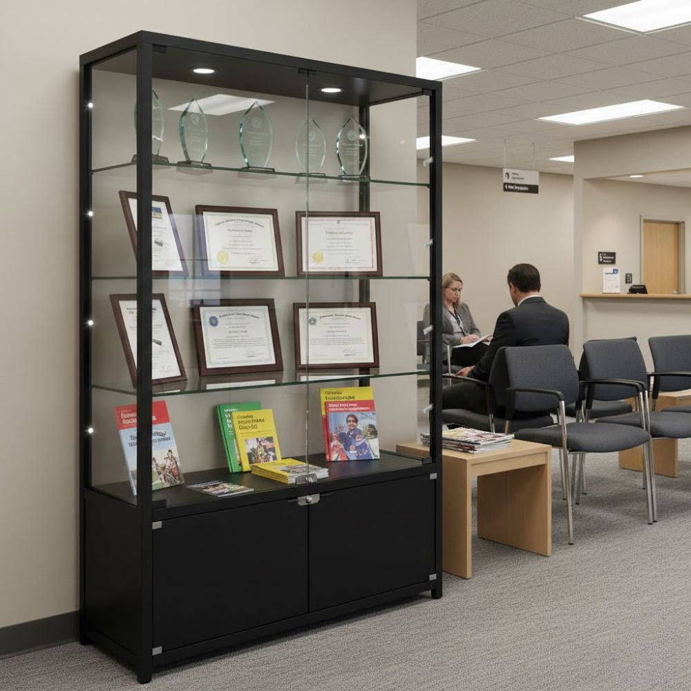 black-glass-display-cabinet-showing-certificates-awards-and-information-booklets-in-a-modern-office-waiting-area-with-seating