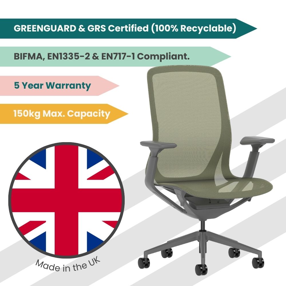 Olive green mesh ergonomic office chair made in the UK, featuring adjustable armrests, 150kg maximum capacity, five year warranty and EN1335 compliant design for professional office environments.