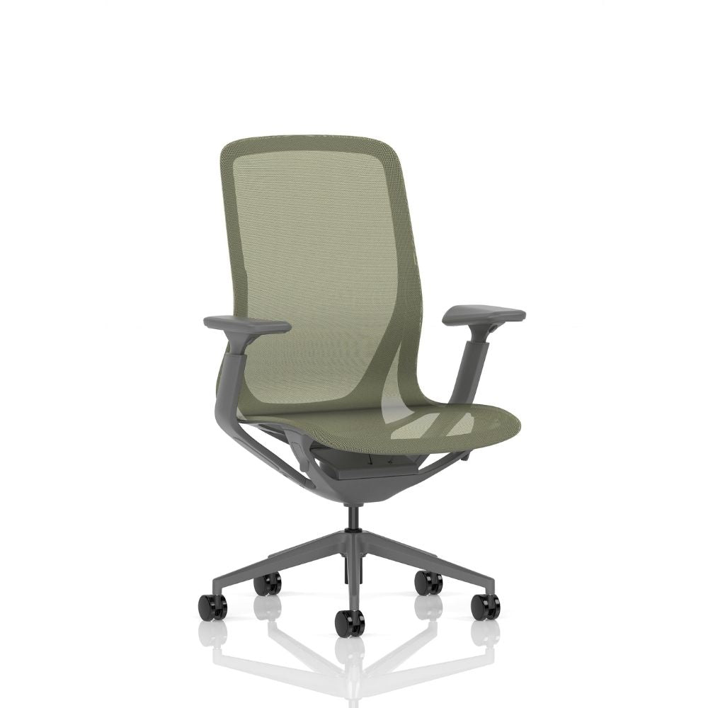 Olive green ergonomic office chair with breathable mesh backrest, adjustable armrests and five star swivel base with castors, ideal for modern office workspaces.