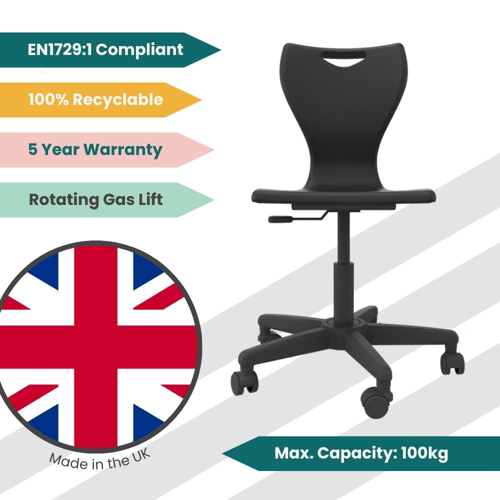 Onyx black mobile task chair showing a 5-year warranty and 100% recyclable polypropylene shell construction for sustainable school procurement.