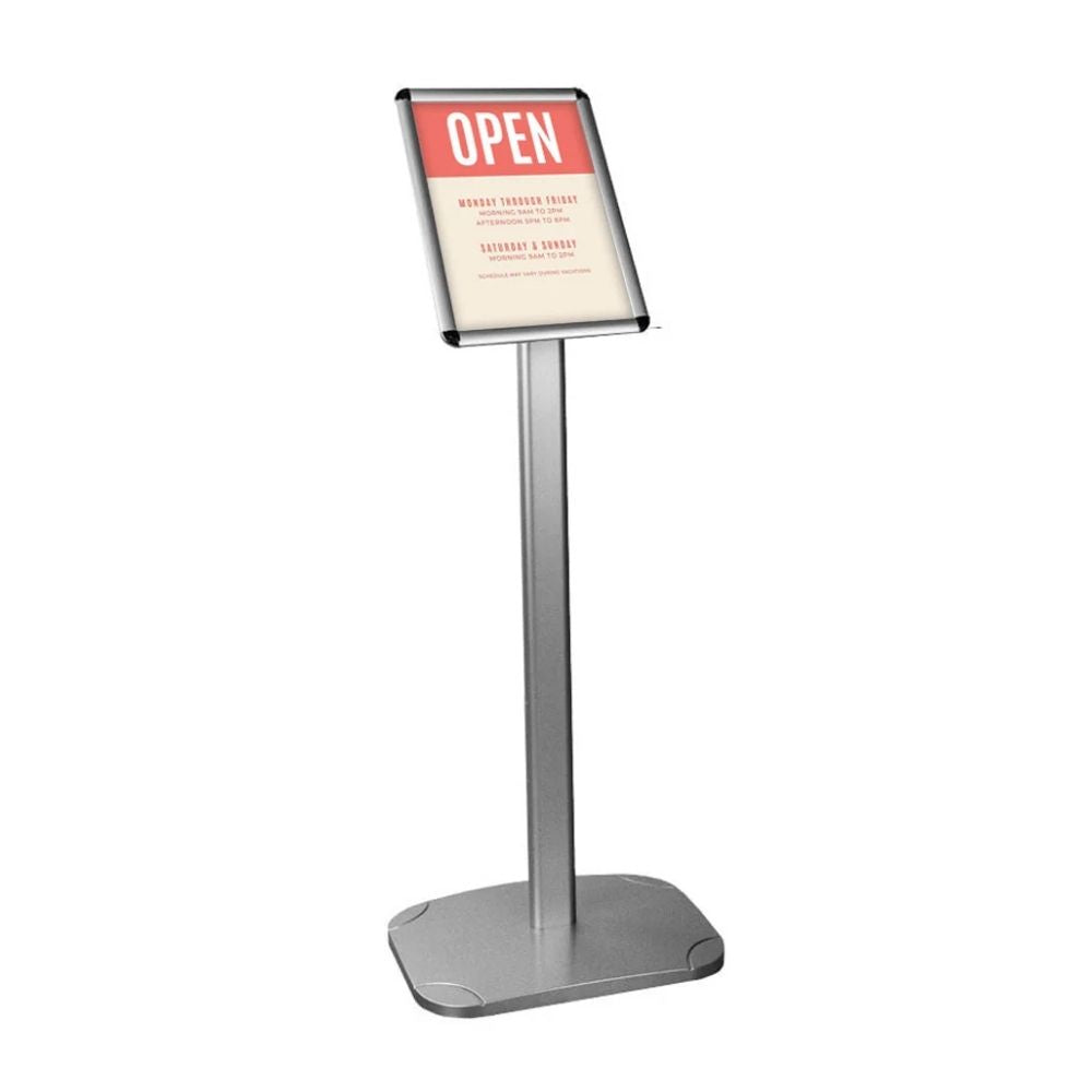 Freestanding sign holder with bold red “OPEN” header and modern frame, designed for public-facing announcements in shops or venues.
