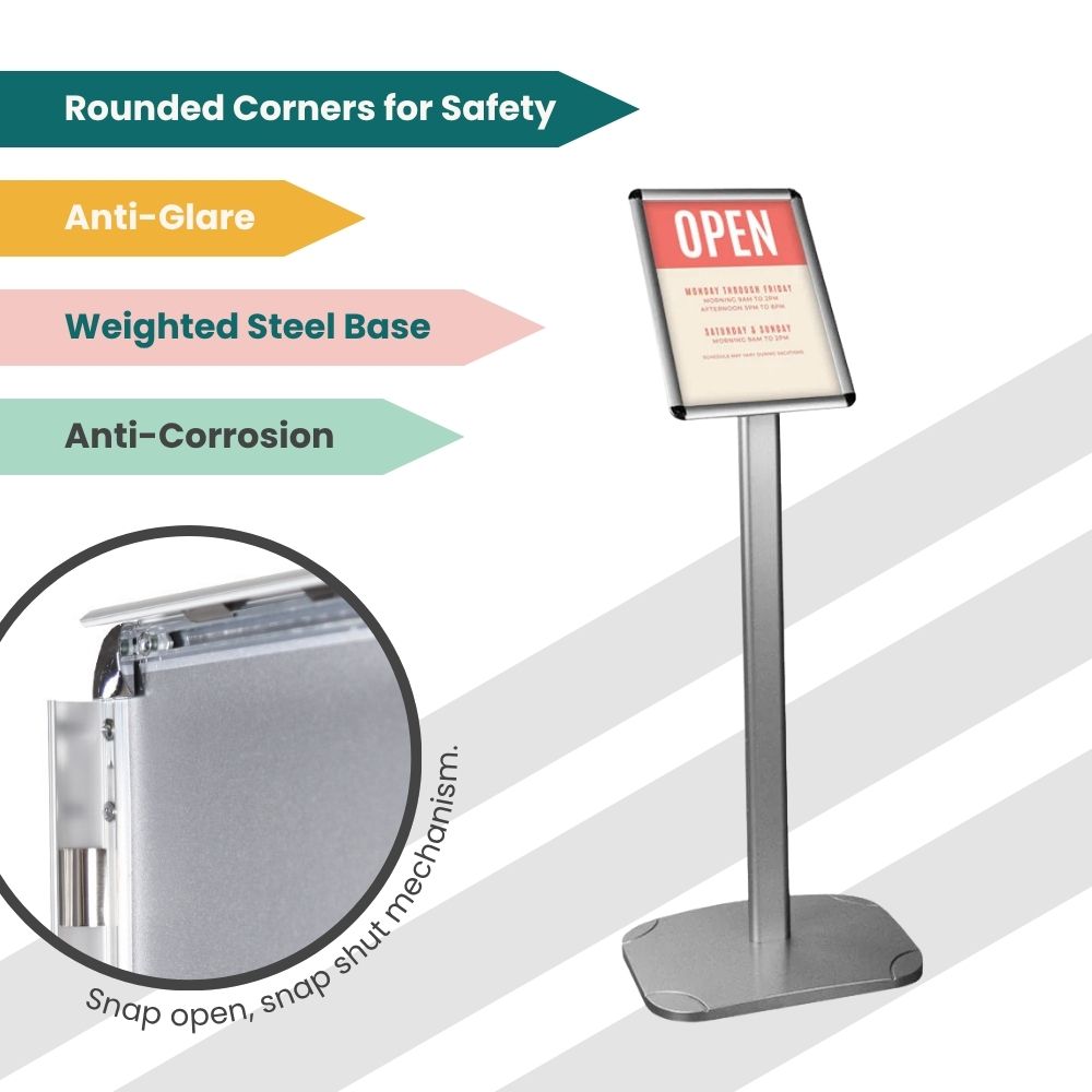 Freestanding sign holder with red “OPEN” message and feature tags for safety corners, anti-glare surface, and easy signage replacement.