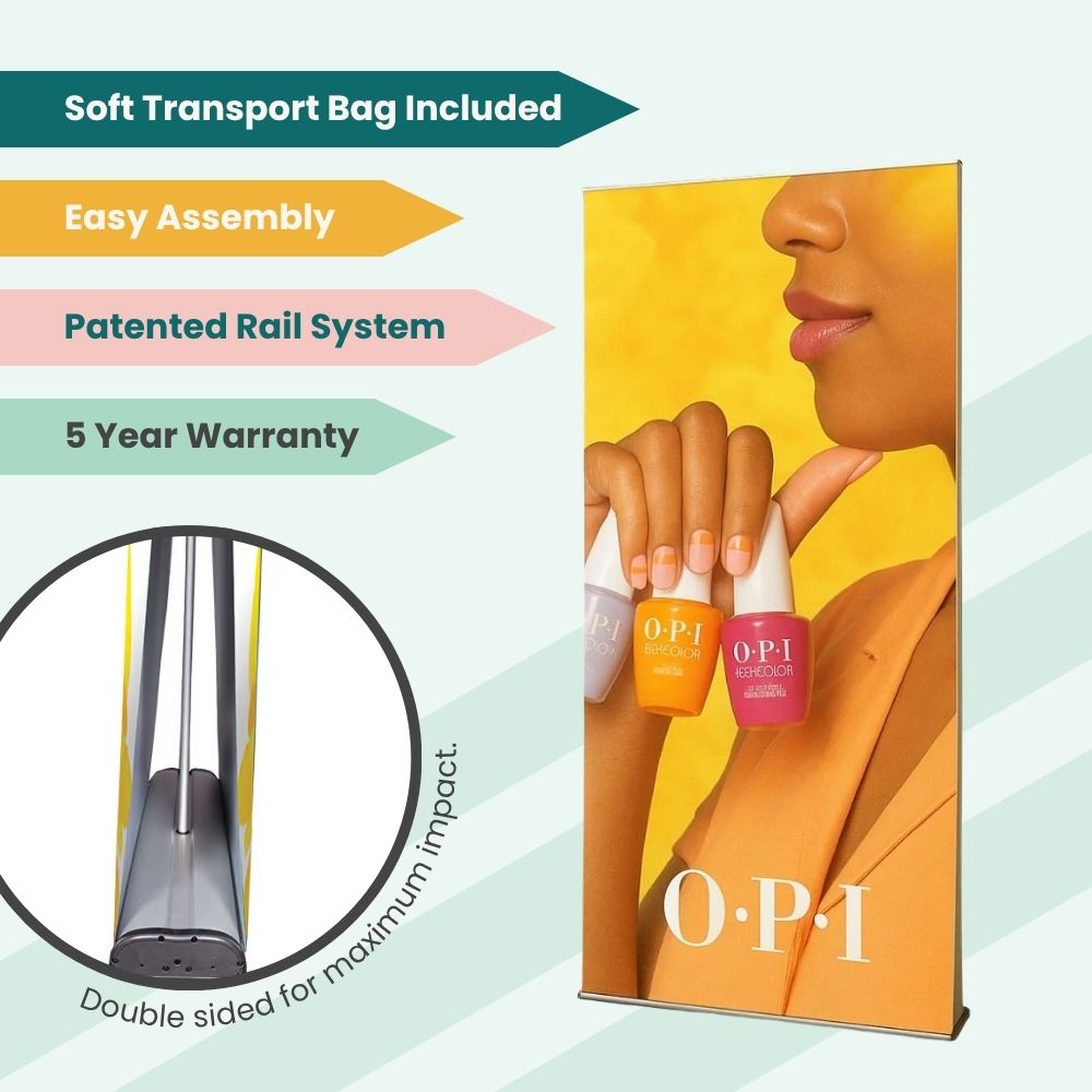 OPI banner stand with vibrant nail polish graphic and soft bag, ideal for beauty retail setups.