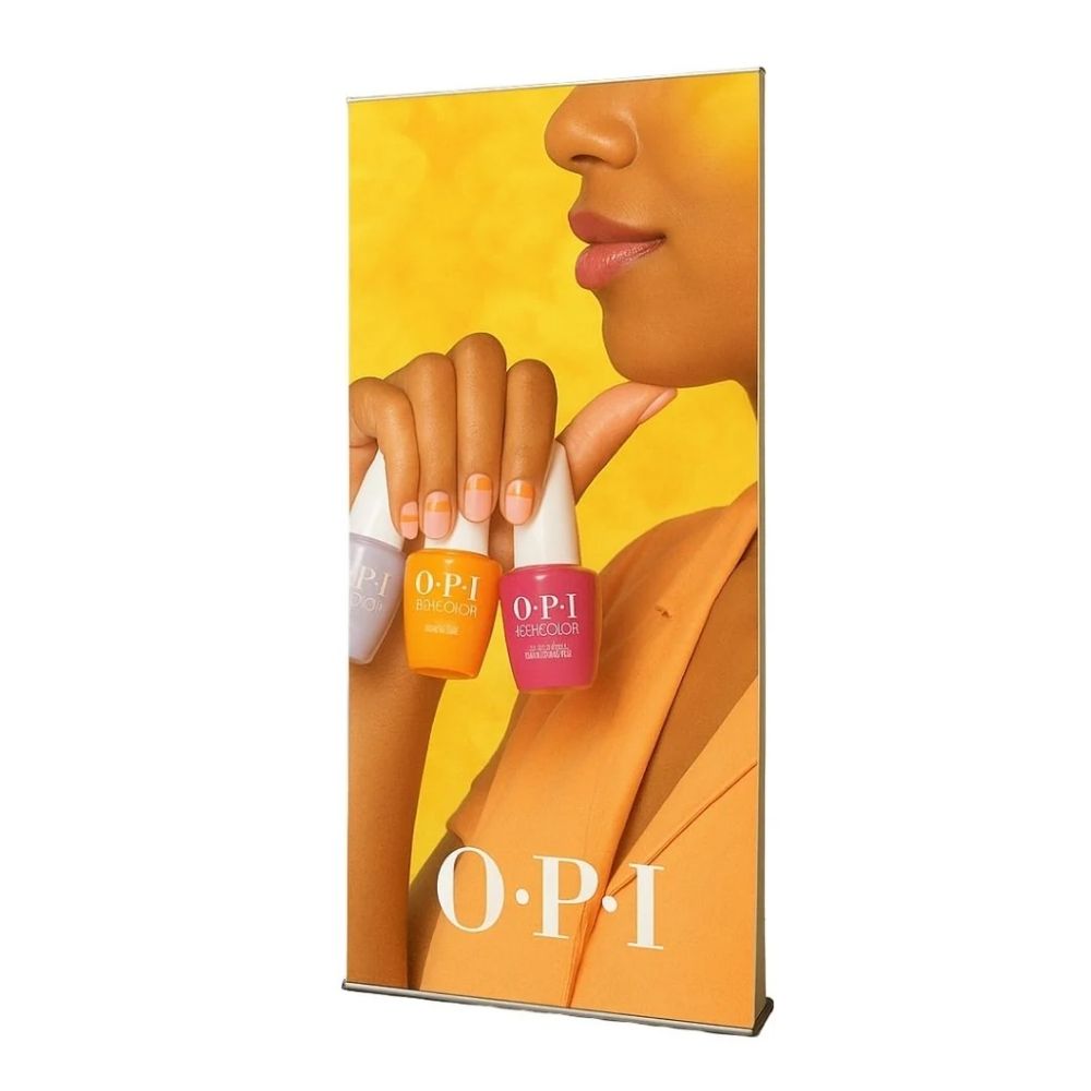 OPI nail polish banner with yellow background and gradient manicure showcasing vibrant colour range.